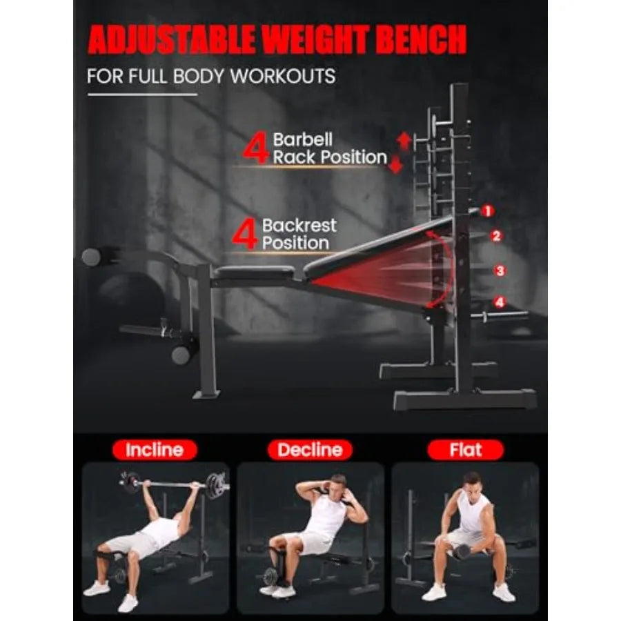 XMSJ 600LBS Adjustable Weight Bench Integrated Squat Rack Leg Extension