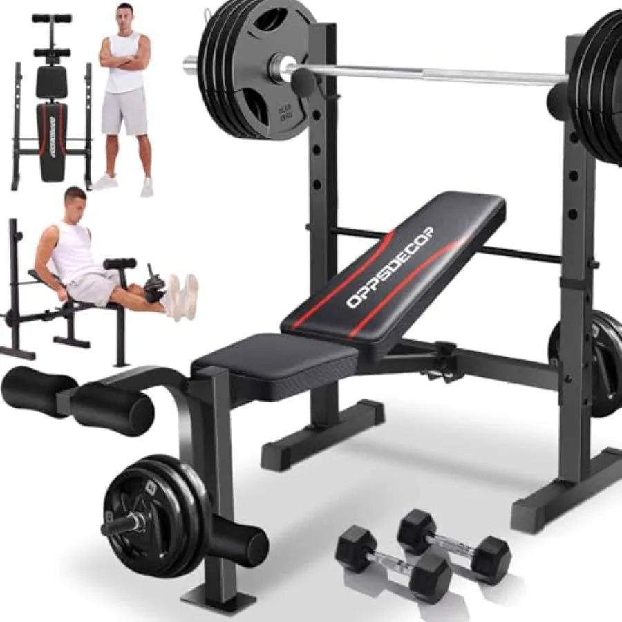 XMSJ 600LBS Adjustable Weight Bench Integrated Squat Rack Leg Extension